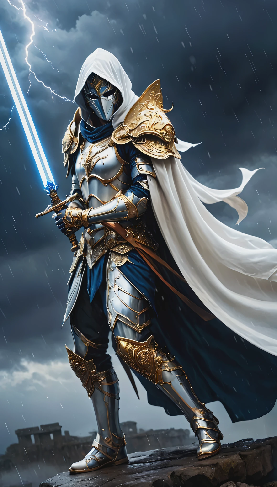 A stunning, highly detailed dark fantasy full body illustration of a proud angelical warrior wearing intricate medieval white HKStyle armor and an epic white ornamented mask, holding a great golden glowing sword, golden and blue glooming eyes, very wide shoulders, wearing big gauntlets, epic composition. The warrior stands heroic with a flowing cloak and white hood during a storm with foggy gloom, thunderclouds in the background . The scene depicts him with brooding emotional agony , style by Greg Rutkowski, by Milo Manara and Russ Mills, with insanely intricate details and textures, gloomy dramatic lighting, 8K resolution