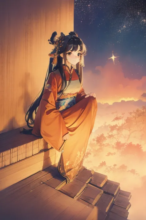 1 girl wearing chinese clothes outdoors， late， Starry Sky， panoramic， wind景， horizon， roof， sitting on the roof， wind