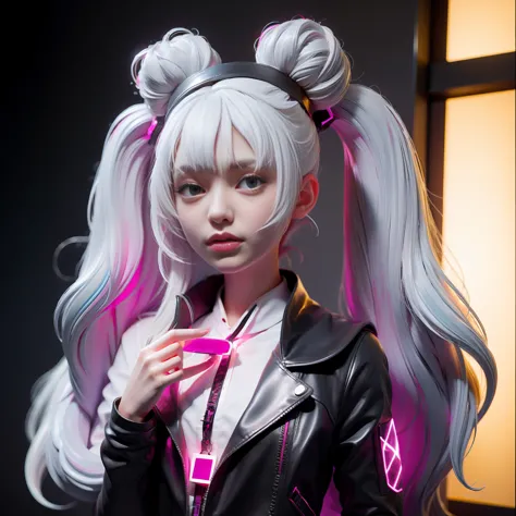 Magic girl, white hair but gradient pink in the uend tip of hair end, game character , twintails hair