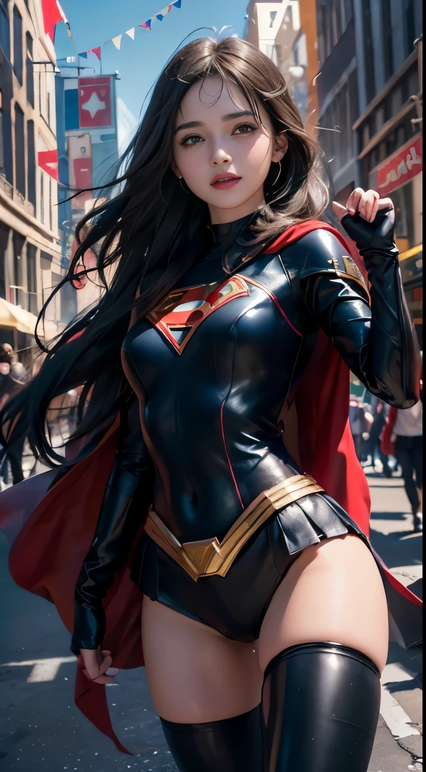 Arav woman in superhero costume standing on city street, Super Girl, Hero pose colorful city lights, gal gadot as Super Girl, emma watson as Super Girl, close up, anime visual of Super Girl, sydney sweeney, Corey Chase plays the Atlanteans, Maika Monroe Batgirl, 8K Artgerm bokeh, betty cooper, No text, Ultra-high resolution，black hair, hair bobbles, wince, longeyelashes, solid circle eyes, light smile, ear blush, fang, Surrealism, drop shadow, anaglyph, stereogram, tachi-e, pov, atmospheric perspective, 8k, super detail, ccurate, best quality