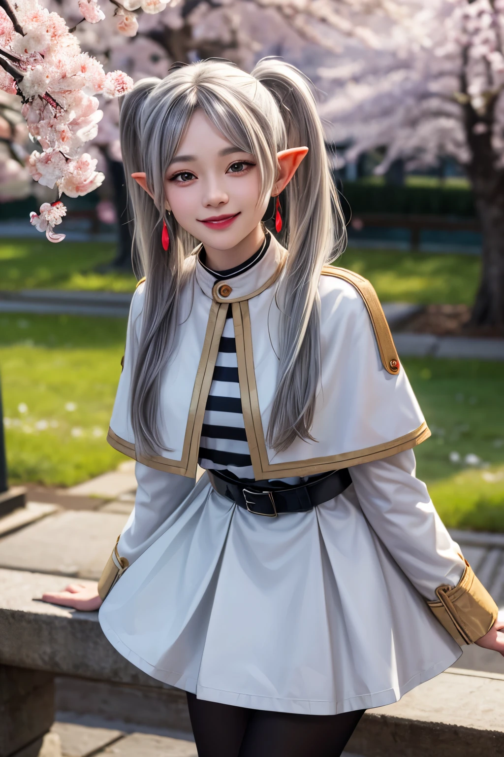 masterpiece, highest quality, High resolution, thank you, Long Hair, Gray Hair, Twin tails, Pointed Ears, Earrings, Thick eyebrows, White capelet, Striped shirt, Long sleeve, belt, White Skirt, Black Pantyhose , Put your arms behind your back, smile, cherry blossoms, Are standing, Cowboy Shot, Leaning forward,