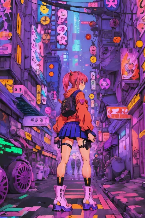 Anime girl walking down the street wearing a short skirt and boots, Cyberpunk art inspired by Masamune Shirow, tumbler, shin han...