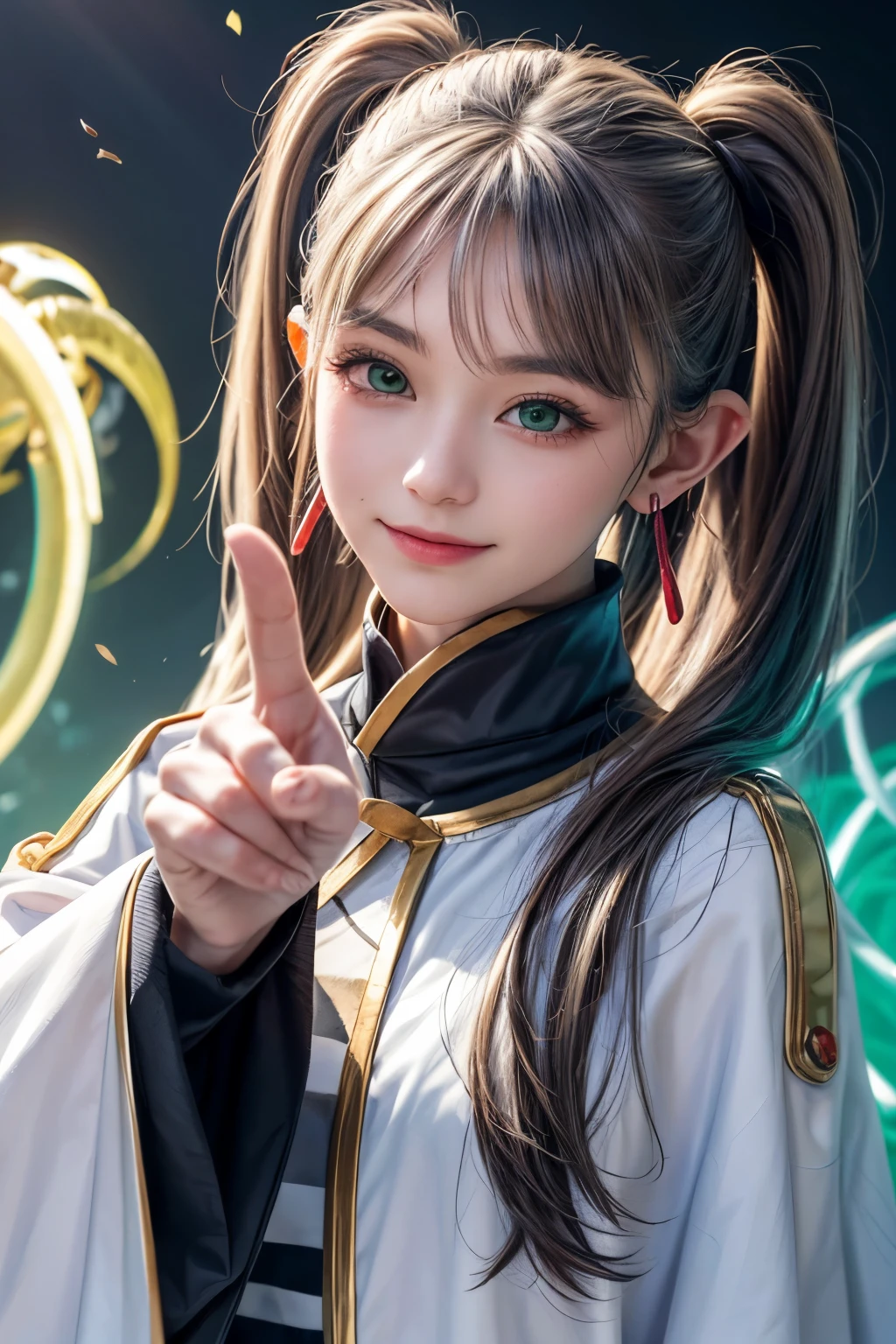 (Ultra-realistic,32k, masterpiece:1.2),(Skin with attention to detail:1.1),( high quality:1.1),  Shorthand,   pointing, pointing at viewer,   thank you, Long Hair, Gray Hair, Twin tails, Pointed Ears, Earrings, Green Eyes, Thick eyebrows, White capelet, Striped shirt, Long sleeve, Tilt your head, Upper Body, smile,   Blooming Star, Glowing petals, Fragrance of another world Blurred background, (View your viewers, Are standing:1.1),  (Glow Wave:1.1),