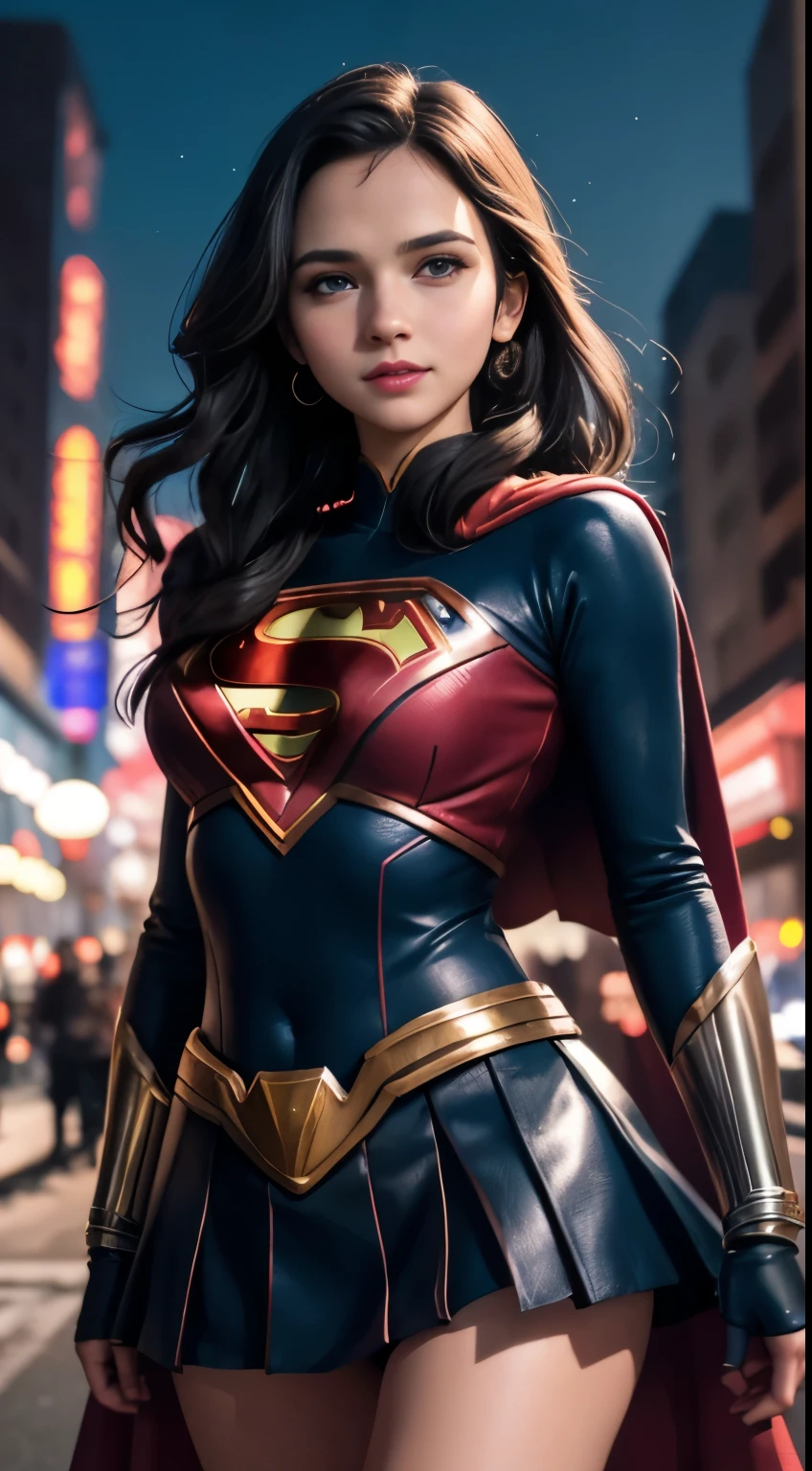 Arav-Frau im Superheldenkostüm steht auf der Stadtstraße, Super-Mädchen, Heldenpose bunte Lichter der Stadt, gal gadot as Super-Mädchen, emma watson as Super-Mädchen, Nahaufnahme, anime visual of Super-Mädchen, Sydney Sweeney, Corey Chase spielt die Atlanter, Maika Monroe - Batgirl, 8K Artgerm bokeh, Betty Cooper, kein Text, ultrahohe Auflösung，schwarzes Haar, Haargummis, zusammenzucken, lange Wimpern, durchgezogene Kreisaugen, Leichtes Lächeln, Ohrenrötung, fang, Surrealismus, Schlagschatten, anaglyph, Stereogramm, Tachi-e, werfen, atmosphärische Perspektive, 8k, Super Detail, genau, beste Qualität