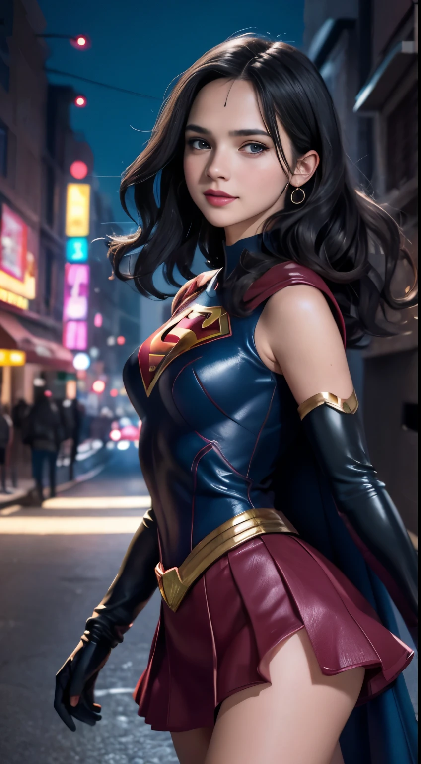 Arav woman in superhero costume standing on city street, Super Girl, Hero pose colorful city lights, gal gadot as Super Girl, emma watson as Super Girl, close up, anime visual of Super Girl, sydney sweeney, Corey Chase plays the Atlanteans, Maika Monroe Batgirl, 8K Artgerm bokeh, betty cooper, No text, Ultra-high resolution，black hair, hair bobbles, wince, longeyelashes, solid circle eyes, light smile, ear blush, fang, Surrealism, drop shadow, anaglyph, stereogram, tachi-e, pov, atmospheric perspective, 8k, super detail, ccurate, best quality