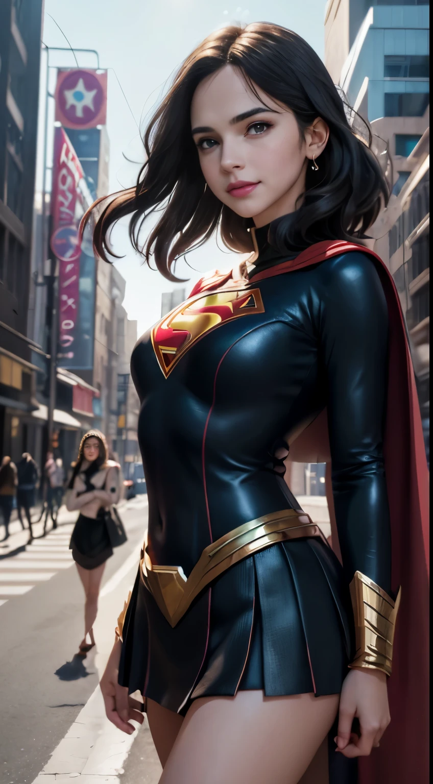 Arav-Frau im Superheldenkostüm steht auf der Stadtstraße, Super-Mädchen, Heldenpose bunte Lichter der Stadt, gal gadot as Super-Mädchen, emma watson as Super-Mädchen, Nahaufnahme, anime visual of Super-Mädchen, Sydney Sweeney, Corey Chase spielt die Atlanter, Maika Monroe - Batgirl, 8K Artgerm bokeh, Betty Cooper, kein Text, ultrahohe Auflösung，schwarzes Haar, Haargummis, zusammenzucken, lange Wimpern, durchgezogene Kreisaugen, Leichtes Lächeln, Ohrenrötung, fang, Surrealismus, Schlagschatten, anaglyph, Stereogramm, Tachi-e, werfen, atmosphärische Perspektive, 8k, Super Detail, genau, beste Qualität