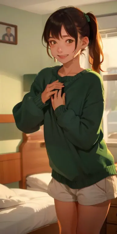 practical、 18 year old girl((grab your chest with both hands))、wearing a green sweater、the chest is small and flat、smile、sexy po...