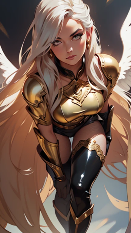 Best quality, 8K,woman vintage super hero, beautiful and detailed face, straight long hair,gold helmet, big eyelashes,big angel´s wings,LOOKING TO observer,gold and silver metalic armour over bodystocking, SHINY GLOSSY PANTYHOSE,armlets,black belt,over the knee boots,white neutral scenario