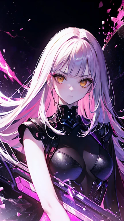 masterpiece, highest quality, (alone focus), (Perfect Face:1.1), (Attention to detail:1.1),dramatic, 1 person, (Pale skin), A long purple to pale pink gradient, Yellow Eyes, [Thin eyebrows], alone, Long Hair, Black fox, night, punk,  Future City, Detailed Background, art：artgerm と greg rutkowski,, fashion, Balenciaga Style