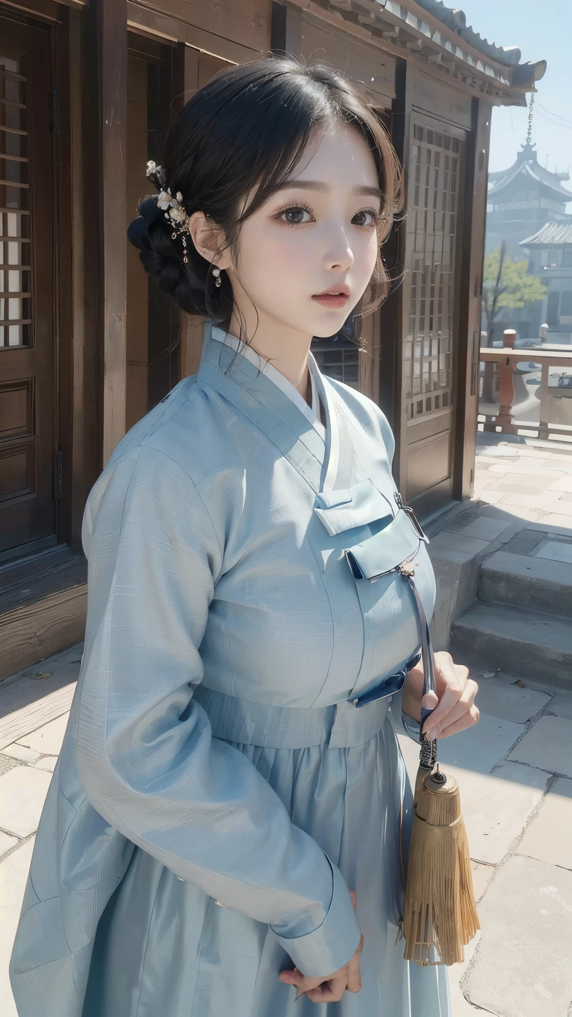 (best quality, 8K, masterpiece: 1.3), ((((((Incredibly huge breasts: 0.8))))), hairpin, (beautiful face:1.3), authentic hanbok, 1920s Hanbok style and hairstyle, baroque building, 17th century Europe