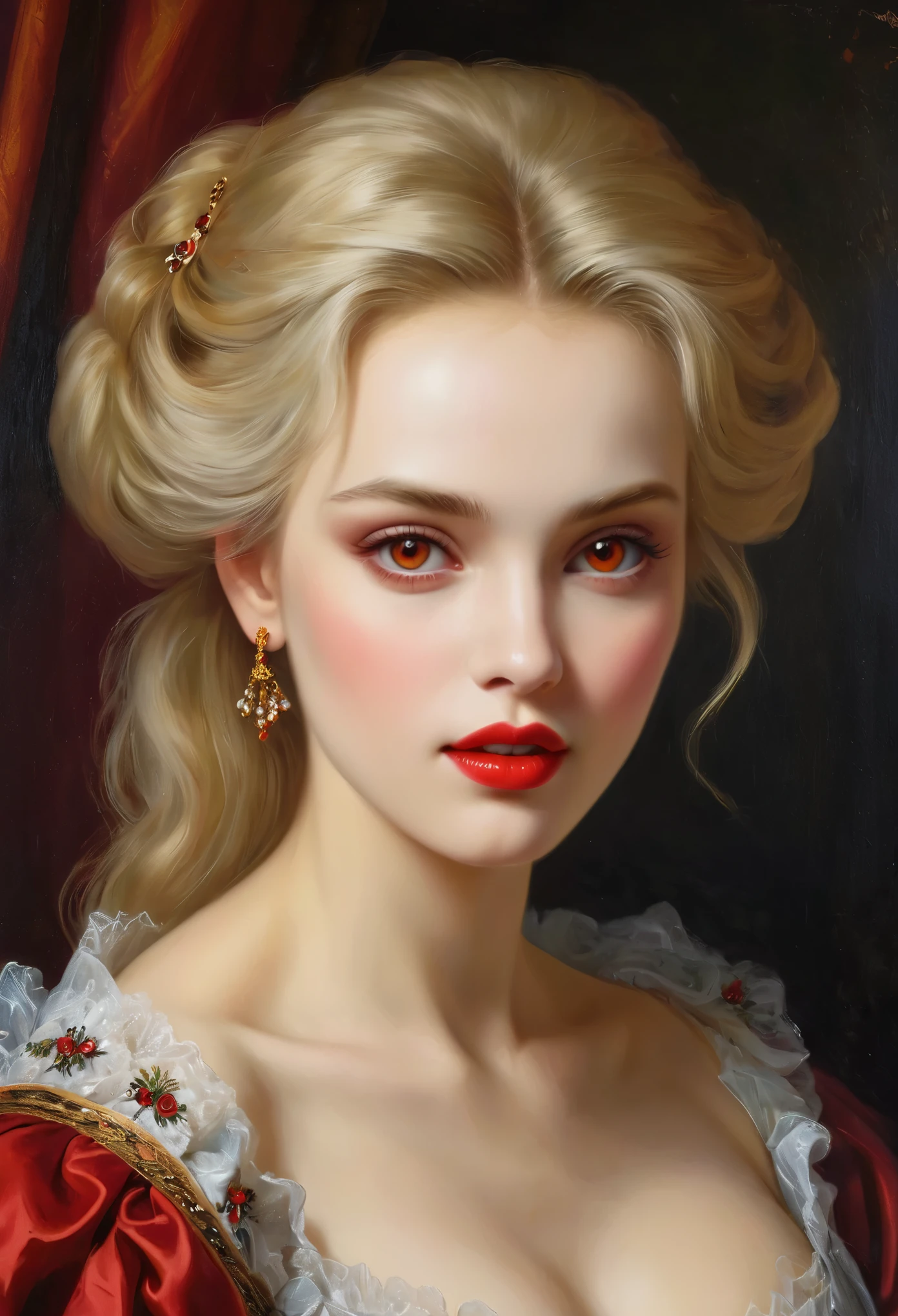 (haute résolution,chef-d&#39;œuvre:1.2),(Réaliste:1.37)Portrait d&#39;une fille vampire russe du XVIIIe siècle d&#39;une beauté inégalée. Elle a des yeux rouges captivants et des lèvres roses délicates. longs crocs, Le portrait est soigneusement dessiné dans les moindres détails., Capturez les nuances subtiles de ses traits. Elle porte une belle robe en soie, orné de dentelle complexe et de broderies délicates. Ce tableau parle du luxe de l&#39;époque., Rideaux de velours luxueux et meubles dorés en arrière-plan. L&#39;éclairage est doux et diffus, Mettez en valeur la fille&#39;sa beauté gracieuse. Les couleurs sont vives et riches, Créez des expériences visuelles convaincantes. (Ce portrait est peint dans le style du portrait classique:1.5), Rappelant les œuvres d&#39;artistes célèbres de l&#39;époque. Il respire l’élégance, la grâce, sophistication. longues griffes acérées, (yeux cramoisis:1.4), Yeux rouge feu, (Des crocs acérés visibles à travers l&#39;espace entre ses lèvres:1.8), (Il y a une marque de morsure sur le cou:1.5),.２Il y a deux trous