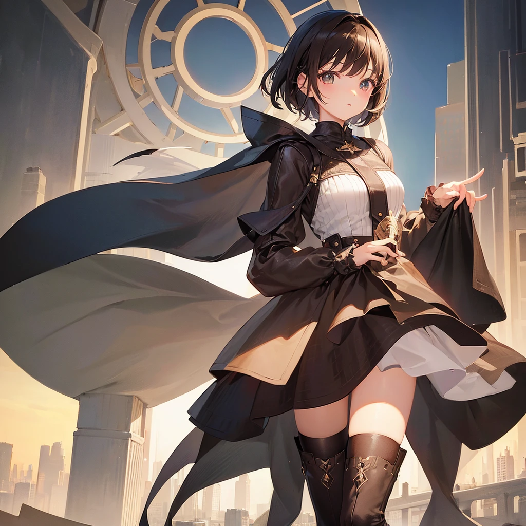 1girl、Standing in front of the viewer、Masterpiece、Official Art、High waist switching、Brown and dark brown houndstooth A-line dress、Dark piping、Super detailed、super beautiful、white straight short hair、Baby Face、Knee-high boots、