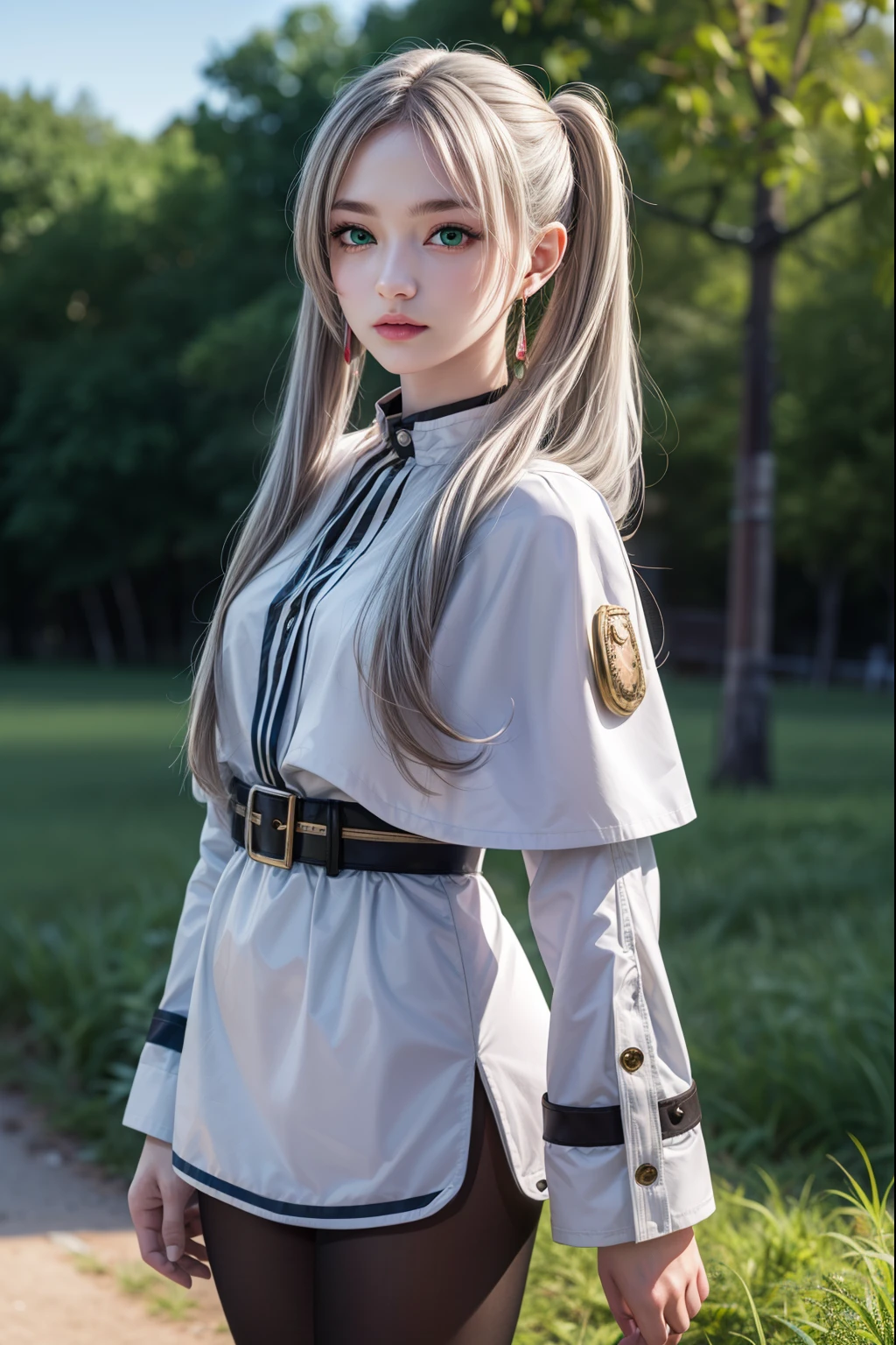 Freezing, Freezing, Long Hair, Twin tails, (Green Eyes:1.5), Grey Hair, Pointed Ears, Fairy,
break shirt, Long sleeve, jewelry, pantyhose, Earrings, Striped, black pantyhose, Capelet, Striped shirt,
break outdoors, null, nature,
break looking at viewer, (Cowboy Shot:1.5),
break (masterpiece:1.2), highest quality, High resolution, unity 8k wallpaper, (figure:0.8), (Beautiful fine details:1.6), Highly detailed face, Perfect lighting, Highly detailed CG, (Perfect hands, Perfect Anatomy),