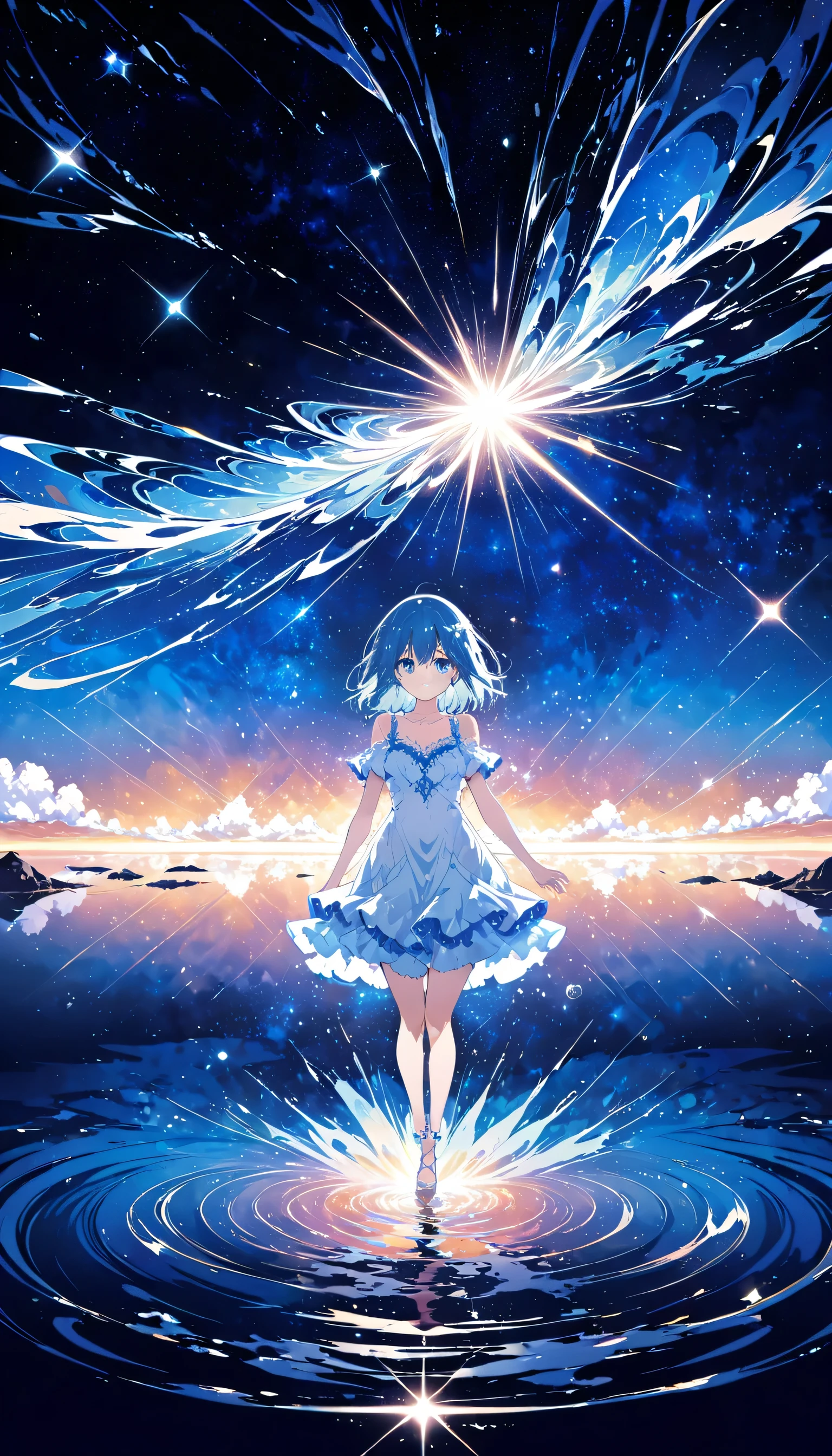 Absurd, High resolution, (Official Art, beautifully、aesthetic:1.2), (Shortsighted:1.15), (One girl, Blue Hair, Medium Hair, blue eyes, Bright Eyes, long white dress, Blue frills,:1.2) blue sky, Sparkling Galaxy, (Uyuni salt lake:1.2), (Fractal Art:0.8), water effects, Ripple effects, (Flower effect: 0.65), Light effects,