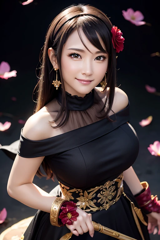 yor briar, anime style beutiful woman, 1girl, happy, smile, red face, closed mouth, beautiful detailed eyes, super detailed skin, backlighting, bare shoulders, black background, black dress, black gloves, black hair, breasts, dress, earrings, fingerless gloves, floating hair, floral print, flower, gloves, gold earrings, gold hairband, hair flower, hair ornament, hairband, holding, holding weapon, jewelry, large breasts, long hair, looking at viewer, off-shoulder dress, off shoulder,red eyes, short hair with long locks, sidelocks, solo, spikes, thighs, two-sided dress, two-sided fabric, weapon, fighting stance , face, close up, from above, highest quality, high resolution.