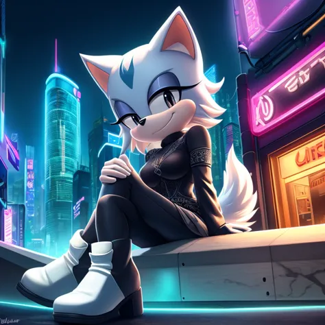 female mobian, night, neon city, cyberpunk city, futuristic city, turquoise cat mobian, mobian, black eyes, small nose, bob hair...