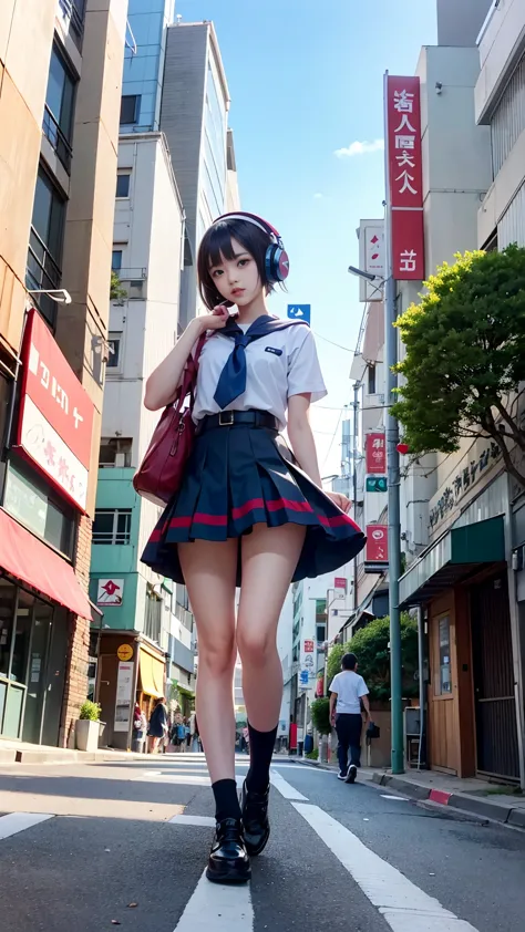 Anime Girls with headphones on walking across a busy city street, Beautiful anime school girl, Lofty Girl, Anime atmosphere, Ani...