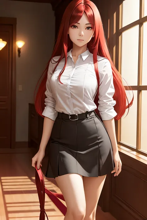 1 girl, long scarlet hair , long, flowing crimson haircut, solo, errogant look, angry and arrogant, (masterpiece, best quality, ...