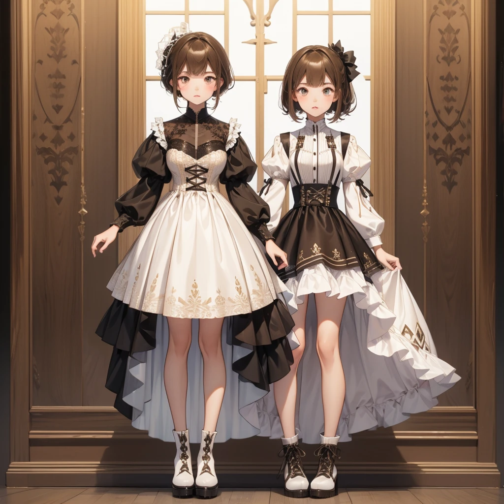 1girl、Standing in front of the viewer、Masterpiece、Official Art、high waist、Brown and dark brown houndstooth A-line dress　Box Pleats、Dark piping、Super detailed、super beautiful、white straight short hair、Baby Face、Knee-high boots、