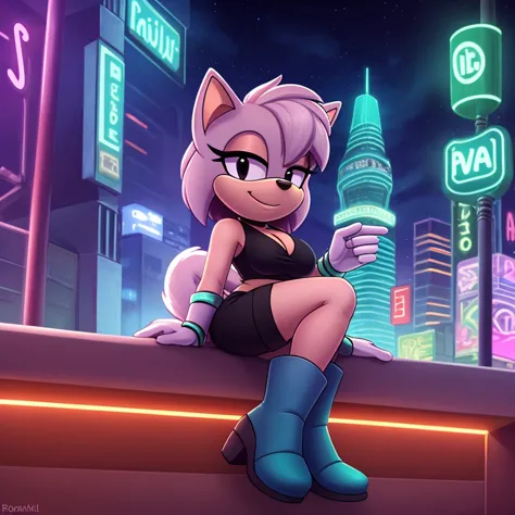 female mobian, night, neon city, cyberpunk city, futuristic city, turquoise cat mobian, mobian, black eyes, small nose, bob hair...