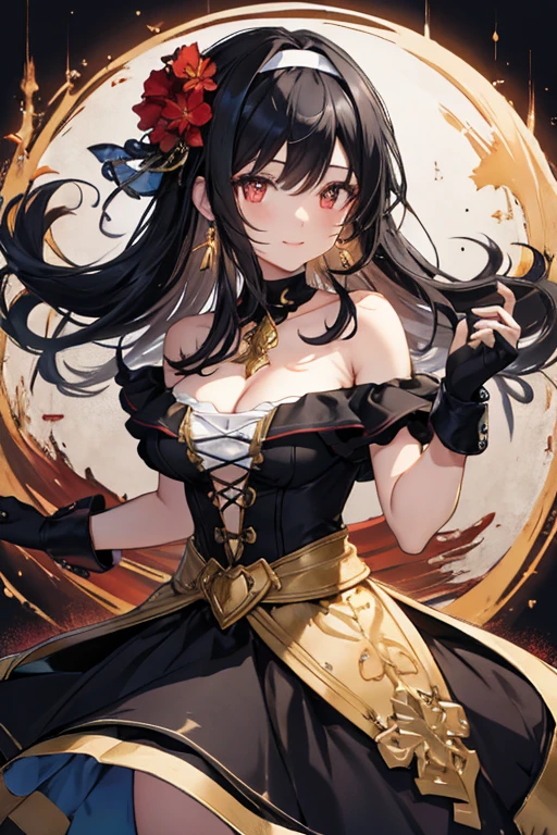 yor briar, anime style beutiful woman, 1girl, happy, smile, red face, closed mouth, beautiful detailed eyes, super detailed skin, backlighting, bare shoulders, black background, black dress, black gloves, black hair, breasts, dress, earrings, fingerless gloves, floating hair, floral print, flower, gloves, gold earrings, gold hairband, hair flower, hair ornament, hairband, holding, holding weapon, jewelry, large breasts, long hair, looking at viewer, off-shoulder dress, off shoulder,red eyes, short hair with long locks, sidelocks, solo, spikes, thighs, two-sided dress, two-sided fabric, weapon, fighting stance , face, close up, from above, highest quality, high resolution.