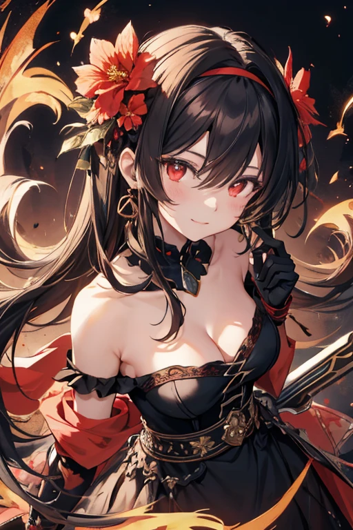 yor briar, anime style beutiful woman, 1girl, happy, smile, red face, closed mouth, beautiful detailed eyes, super detailed skin, backlighting, bare shoulders, black background, black dress, black gloves, black hair, breasts, dress, earrings, fingerless gloves, floating hair, floral print, flower, gloves, gold earrings, gold hairband, hair flower, hair ornament, hairband, holding, holding weapon, jewelry, large breasts, long hair, looking at viewer, off-shoulder dress, off shoulder,red eyes, short hair with long locks, sidelocks, solo, spikes, thighs, two-sided dress, two-sided fabric, weapon, fighting stance , face, close up, from above, highest quality, high resolution.