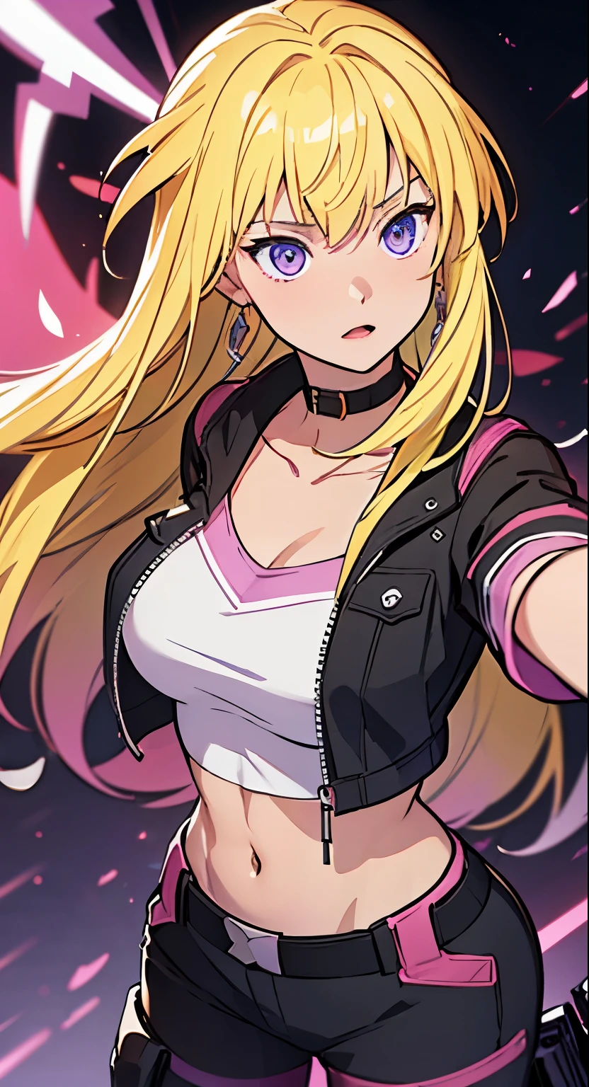 solo, 1girl, (masterpiece), ((16 year old appearance)), yellow hair, long hair, ahoje, spiky hair, medium breasts, purple eyes, ((detailed eyes)), (strong body), (simple black cut  ), black sexy outfit with white details, Staring at the screen, pink lipstick, (blurred background), purple fire effect, visible midriff, oversized black cargo pants, navel, (collarbone)