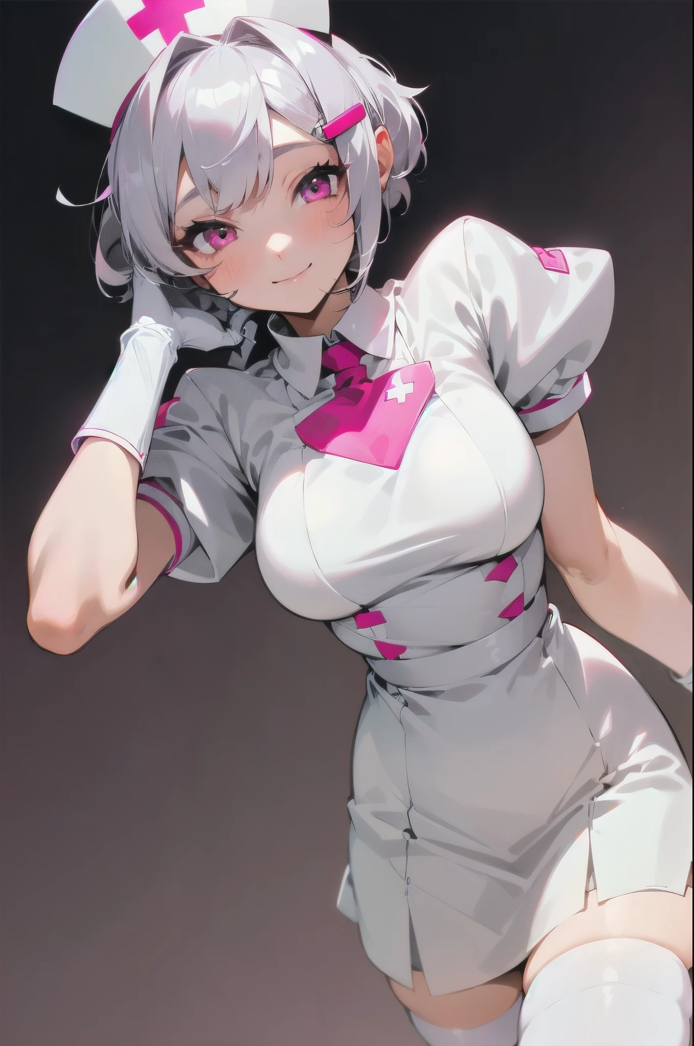 1 Female, nurse, nurse Cap, Whiteware, ((White legwear, zettai ryouiki)), White gloves, Silver and bob short hairstyle, Tie your hair up with a hair clip, Pink Eyes, smile, Sharp contours, Short sleeve,  highest quality, Tabletop, clinic、Upper body close-up