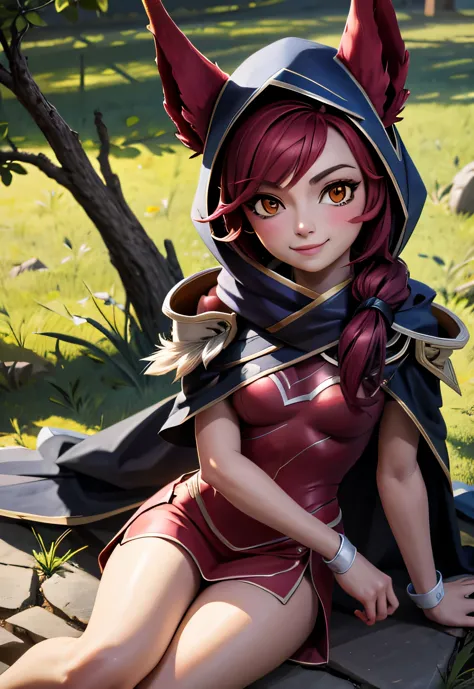 xayah, sorriso pretensioso, sorriso sedutor, sittinagical, magnificent, obra de arte:1.3)