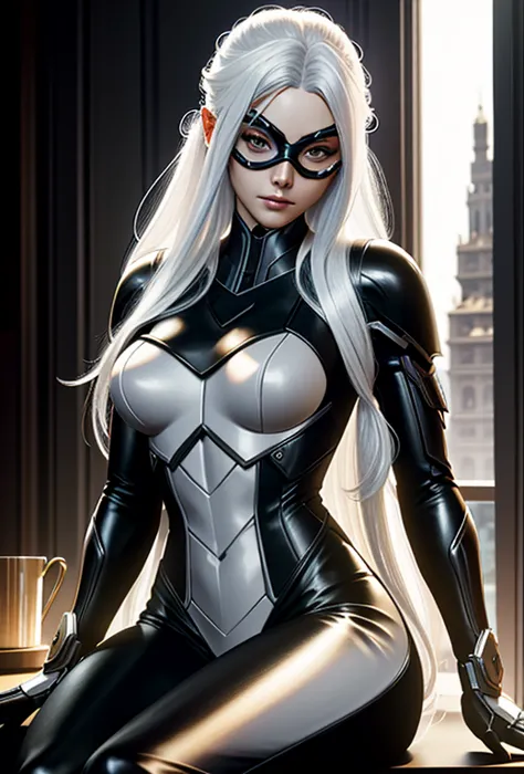 (masterpiece, best quality) marvelblackcat, 1 girl, one, long hair, white hair, a mask, seductive, sitting at the table, gaming ...