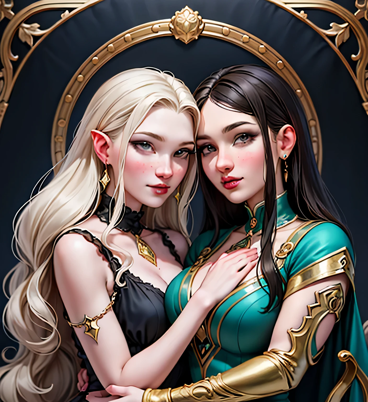 adesivo, fundo simples, portrait, 2 girls, couple, girl with long hair, beautiful capricorn girl, capricorn aesthetic, beautiful girl, very beautiful fantasy art, beautiful and elegant female capricorn, beautiful detailed fantasy, brown and grey color palate, grey color-theme