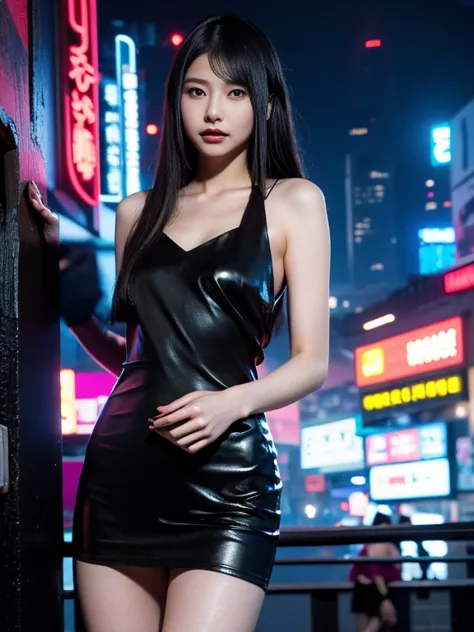 a woman in a black dress posing for a photo, cyberpunk dress, a fascinating cyberpunk dark fantasy, cruel korean goth girl, succ...