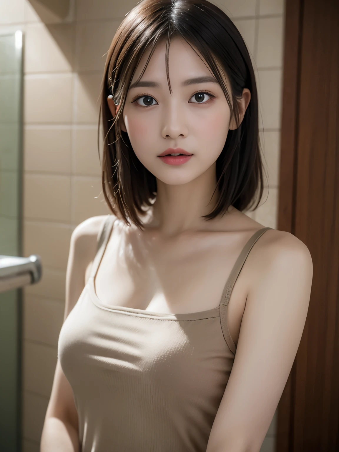 Very detailed CG Unity 8k wallpaper, highest quality, Very detailed, Tabletop, Realistic, photo-Realistic, Very detailedなかわいい女の子, 27 years old,Audience,  blush, Lips parted, Upper Body , (Underarm) , (Sweat) , Camisole , bathroom
