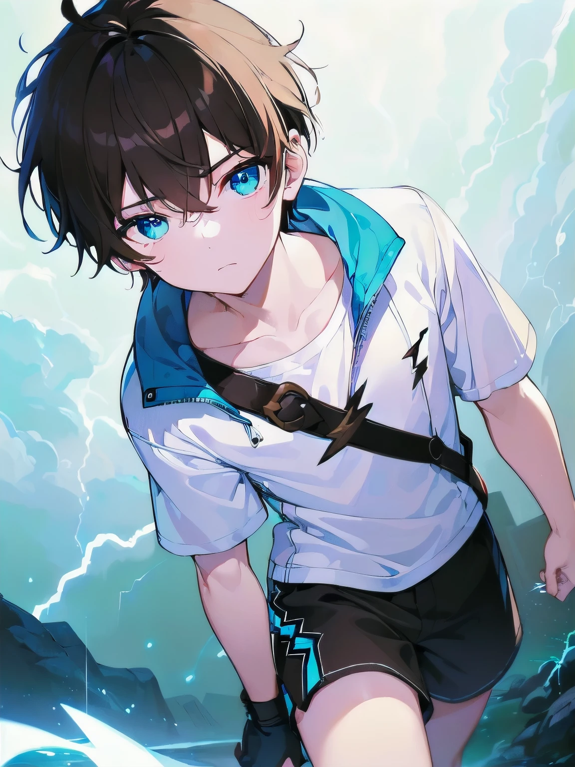 [(WHITE BACKGROUND:1.5),::5], ((((masterpiece)))), high quality, very_high_resolution, large_filesize, full color, ((younger boy)), 13 old year, short brown hair, vivid color, ((Blue eye)), civilian clothes white, Below the knee to upper body, (lightning effect:1.2), anime style