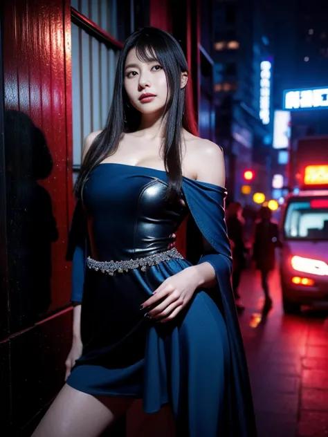 a woman in a blue dress posing for a photo, cyberpunk dress, a fascinating cyberpunk dark fantasy, cruel korean goth girl, succu...