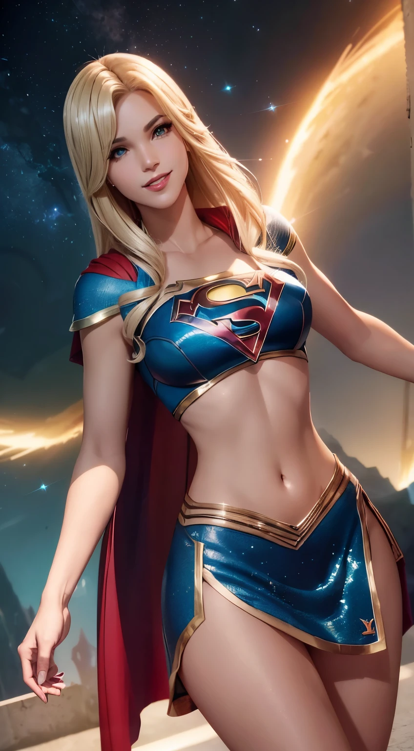 Alta calidad cinematográfica, fotografía profesional, escena de fantasía, Supergirl deteniendo un misil, Supergirl viste traje negro y dorado, terno sexy,con una capa flotante y un "s" En el pecho. Totalmente sexy en pose dinámica sensual, Fantasía Sexy Supergirl . Ella se lleva las manos a su cabello rubio de una manera sensual, hermosa sonrisa con dientes blancos perfectos. 