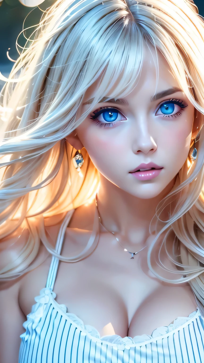 Beautiful pretty face girl,Beautiful blonde hair,Half Body Shot,beautiful long bangs,Beautiful cute hair between the eyes,Striped Hair,Round face、Light blue eyes、Big eyes、Pure white skin、gloss of young cheeks、Pink dress