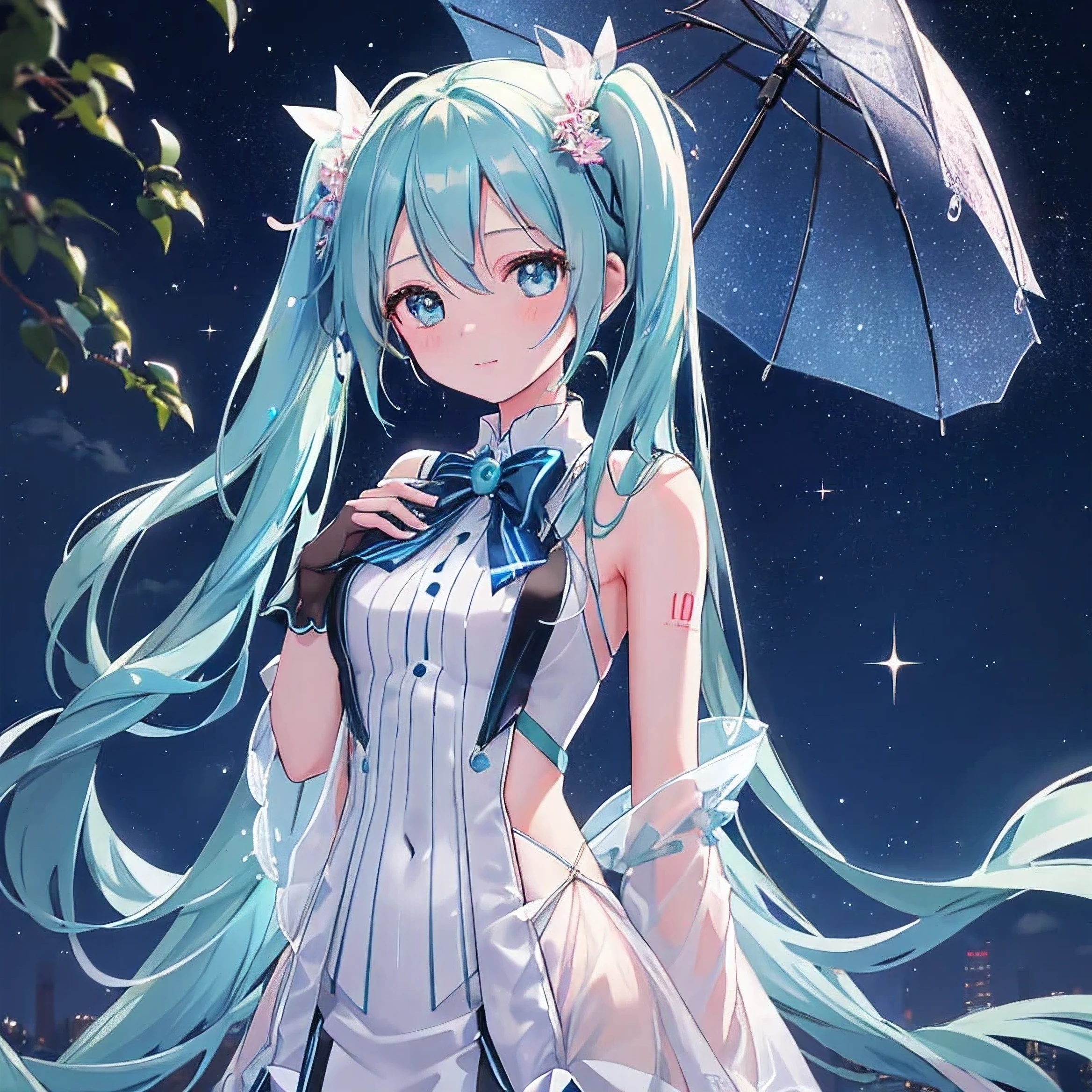 Anime girl with long blue hair and a white dress holding an umbrella -  SeaArt AI