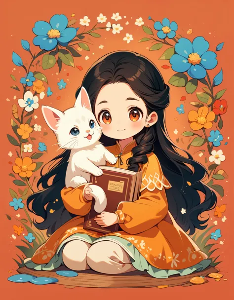 A painting of a cute girl with Long black curly hair and a white huge cat, in the style of Amanda clark, evgeni gordiets, childl...