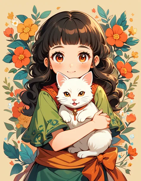 A painting of a cute girl with Long black curly hair and a white huge cat, in the style of Amanda clark, evgeni gordiets, childl...