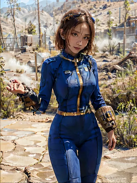Beautiful asian girl with (perfect face) and (perfect body), stands proudly in the arid wasteland. Wearing a sleek (vaultsuit an...