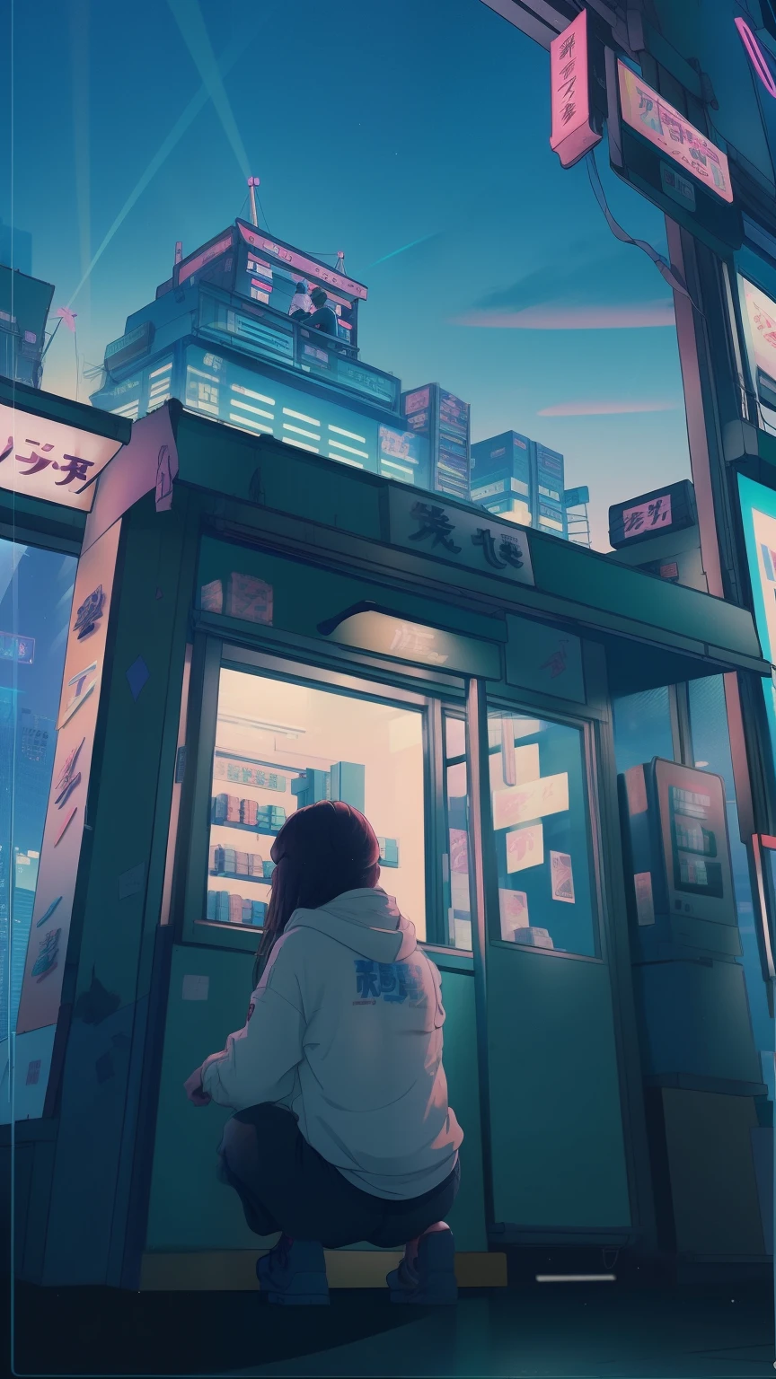 ((Ultra-detailed)),(Skyscraper:1.5),Back view,silhouette,night,night空,Streetscape,convenience store,Streetscapeに青とピンクレトロなスタイル,Neon Signs,((Girl squatting in front of a convenience store 1:1.5)),lots of things,Tied up brown hair,Neon lights flicker,Wearing a hoodie,Anime aesthetics,90s nostalgia and comfort,Lo-Fi,Lo-Fi女子,Anime Style,Expressed with a distinctive delicate and poetic touch,Surreal, Best Quality,8K,High resolution