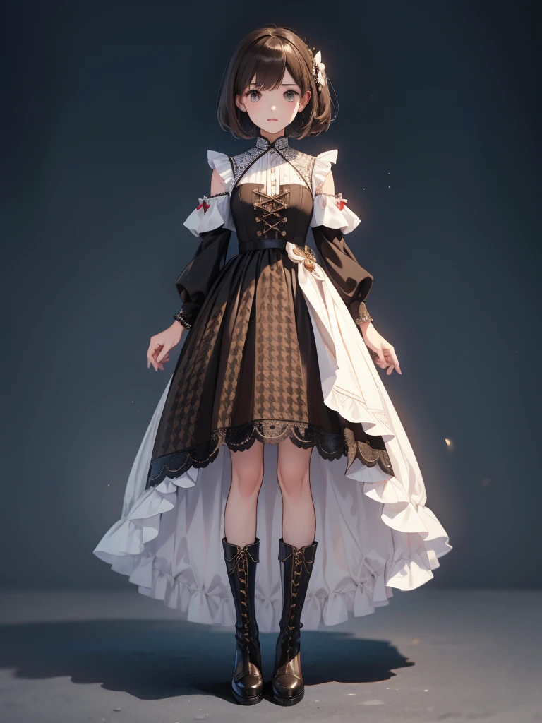 1girl、Standing in front of the viewer、Masterpiece、Official Art、high waist、Brown and dark brown houndstooth A-line dress、Sharp piping at transitions and edges、Super detailed、super beautiful、white straight short hair、Knee-high boots、