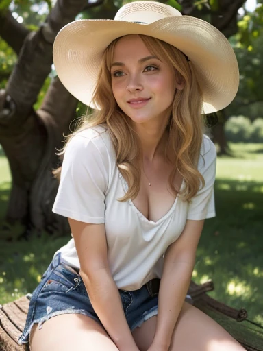 ((masterpiece:1.4)), (High resolution:1.4), (Sitting on a tree branch:1.5), open smile, Tess, Saw 2, alone, blue eyes, Cowgirl, Blonde Hair Wavy Hair, cowboy hat, whole body, Shorts, bangs, badge, Medium Chest, smile,, garden, View audience, smile, Beautiful Face, Highly detailed skin, Skin pores,(Highly detailed face:1.1), (Highly detailed eyes:1.1), Realistic pupils, Apply blush all over the face, Lips become thicker, (Perfect Anatomy:1.1), (Perfect Proportions:1.1), (photograph:1.2), (photoRealistic:1.2), Volumetric lighting, Dynamic Lighting, True Shadow, (High resolution:1.1), Sharp focus, Rembrandt Lighting, (Realistic, hyperRealistic:1.4), Complex, Attention to detail, dramatic, Scattered under the surface,  vivid, Polished, Polished, ((Full Sharp)), (It&#39;s so absurd.),16K HDR,