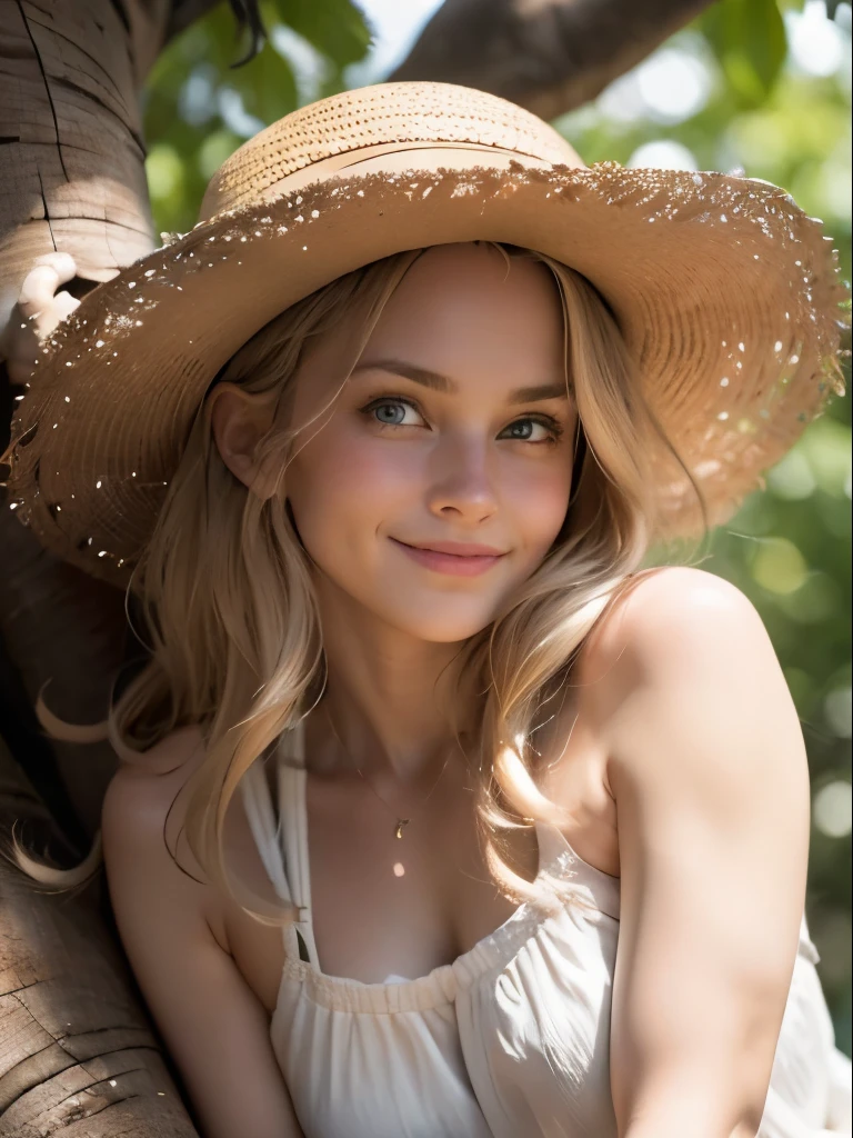 ((masterpiece:1.4)), (High resolution:1.4), (Sitting on a tree branch:1.5), open smile, Tess, Saw 2, alone, blue eyes, cowgirl, blonde hair wavy hair, cowgirl hat, full body, Shorts, bangs, badge, Medium chest, smile,, garden, View your viewers, smile, Beautiful Face, Highly detailed skin, Skin pores,(Highly detailed face:1.1), (Highly detailed eyes:1.1), Realistic pupils, Apply blush all over the face, Fuller lips, (Perfect Anatomy:1.1), (perfect ratio:1.1), (photograph:1.2), (photoRealistic:1.2), Volumetric lighting, Dynamic Lighting, True Shadow, (High resolution:1.1), Sharp focus, Rembrandt Lighting, (Realistic, hyperRealistic:1.4), Complex, Attention to detail, dramatic, Scattered beneath the surface,  vivid, Polished, Honed, ((Full Sharp)), (Very absurd),16K HDR,