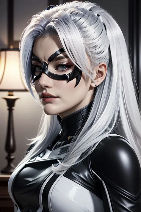 ((ultra detailed, masterpiece, absurdres))
 spiderblackcat, minka kelly, white hair, long hair,mask,portrait