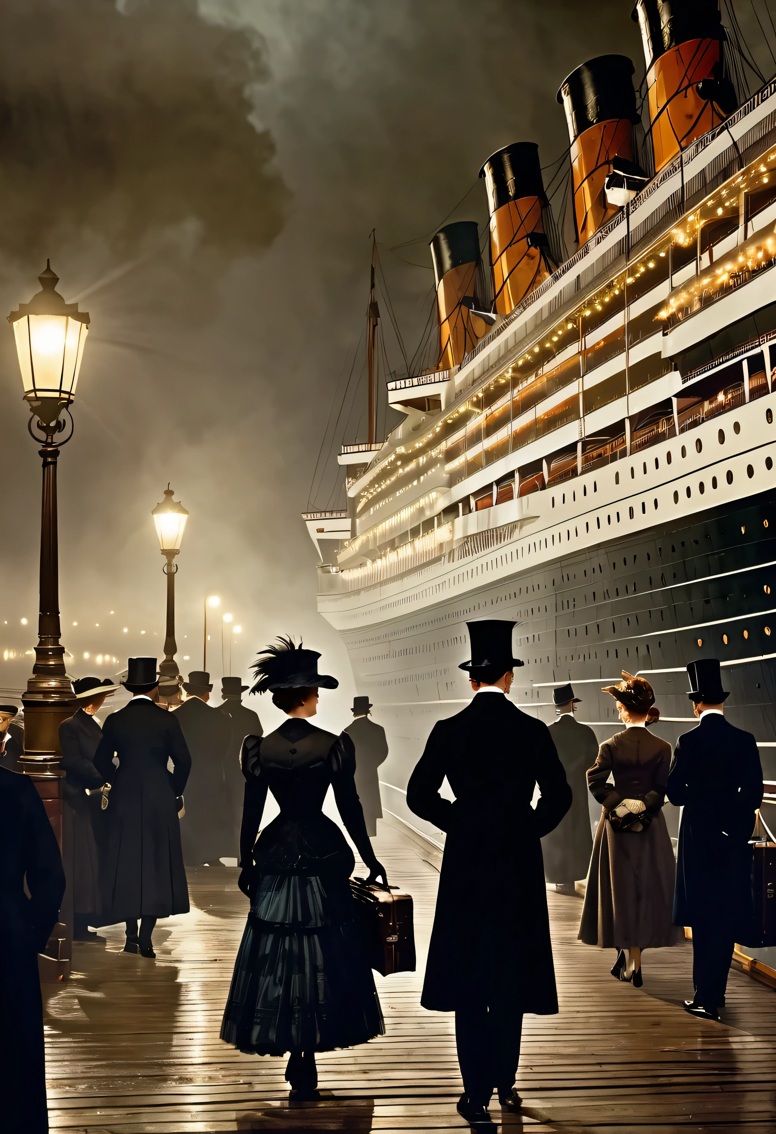 Victorian-era upper class scene, foggy nighttime dock, massive ocean liner RMS Titanic in background, well-dressed English ladies and gentlemen walking and waiting to board, dim lighting from lamps on dock, solemn gloomy atmosphere, intricate period clothing and architectural details, cinematic compositionPhotorealistic render, RMS Titanic moored at Southampton docks before maiden voyage, 1912, upper crust ladies in ornate hats and fur stoles with gentlemen in evening tailcoats and top hats, atmospheric fog and dim lighting from dockside lamps, people carrying luggage, excited yet somber mood, incredible detail