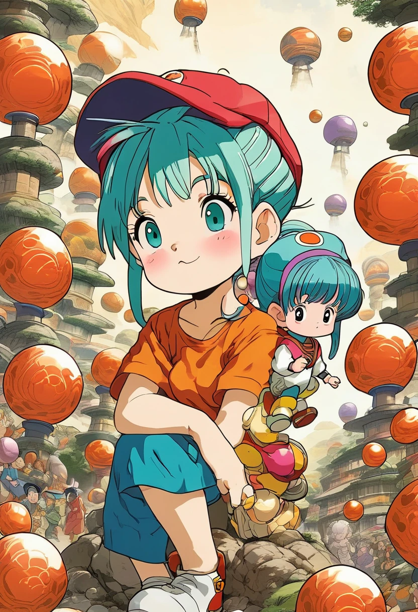 Good quality, Bulma in dragon ball anime, wearing Arale cap, peace sign , with dragon balls in back ground, anime