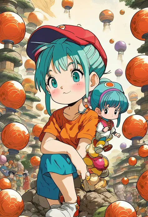 good quality, bulma in dragon ball anime, wearing arale cap, peace sign , with dragon balls in back ground, anime