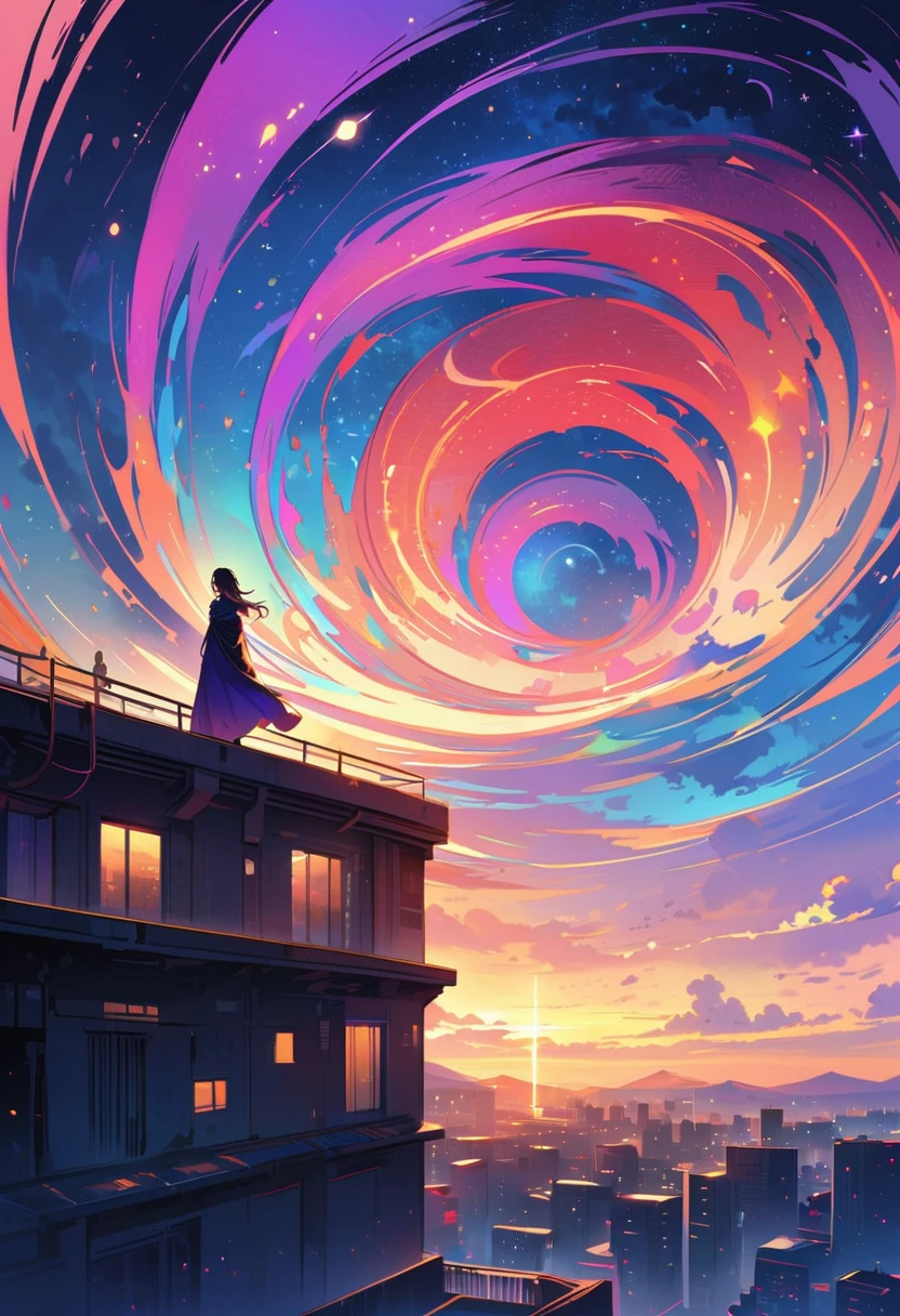 Female figure standing on the roof of a high-rise building, (Roof Focus), Surrounded by a vortex of cosmic energy, dreaming, Hazy landscape, The flowing starlight wraps around the human figure, A flowing robe that blends in with the galaxy, The sky is a tapestry of deep purples and blues, The stars shine, The scenery below is a series of rolling high-rise buildings, The scene was quiet and solemn, A way to capture the majestic essence of the universe, Contemplative figure standing in awe, Ultra HD, masterpiece, precise, anatomically correct, best quality, 8k